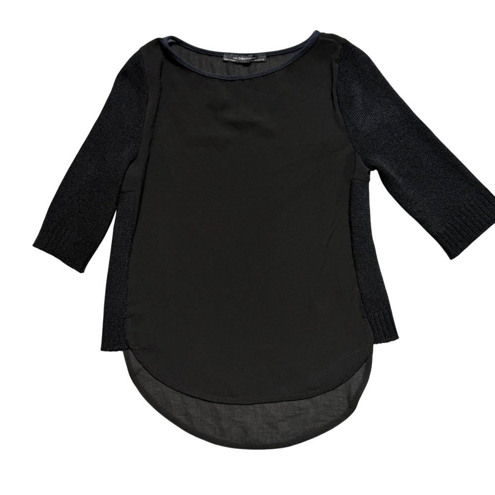 Zara Collection Womens Black Mixed Media Knit Woven High Low Top Size M